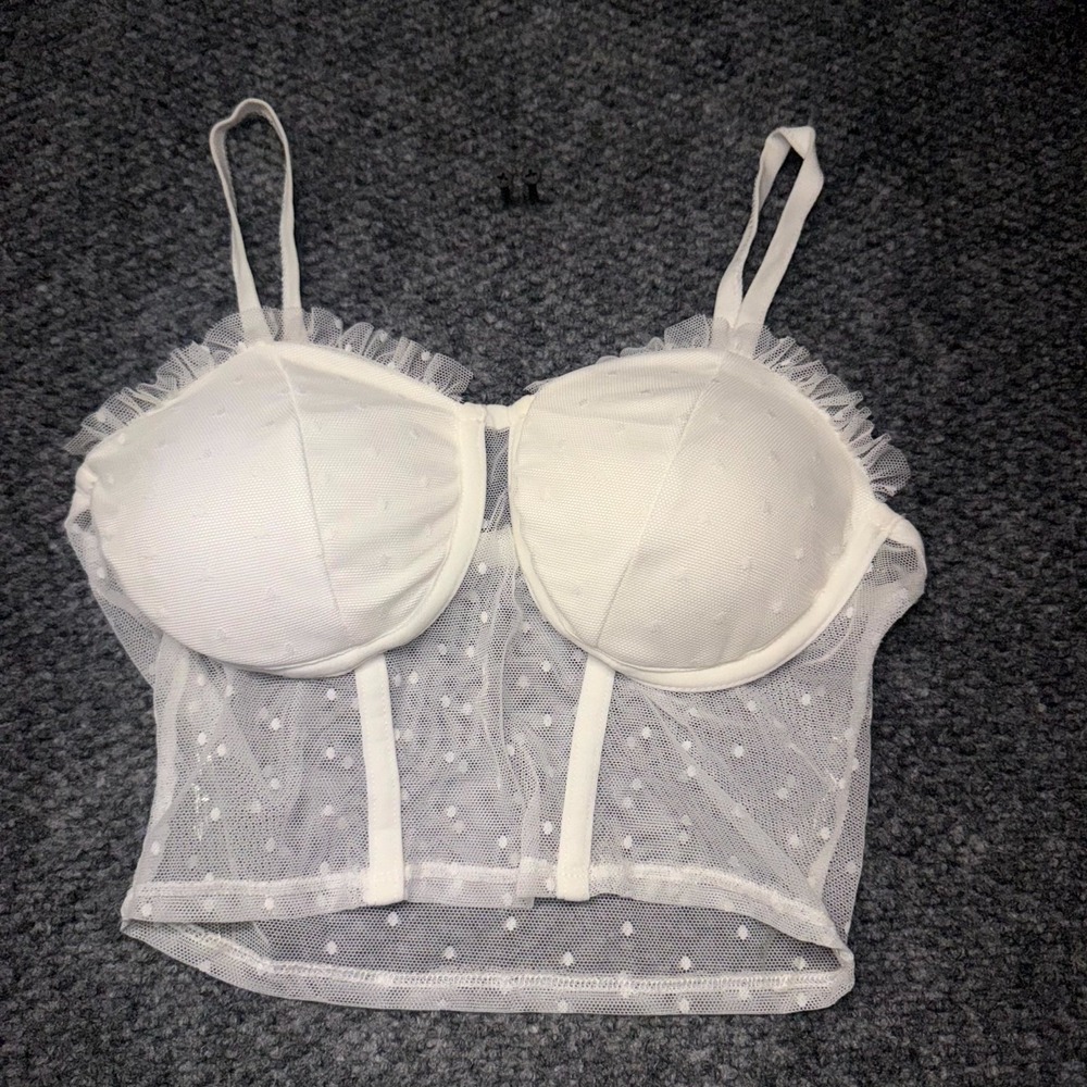Bozzolo Mesh Corset Top Women's M White Dotted Sheer Padded Adjustable Straps